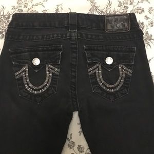 True Religion straight leg black wash jeans.